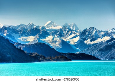 Alaska Nature Landscape View From Cruise Travel In Glacier Bay Alaska, United States, USA Destination.