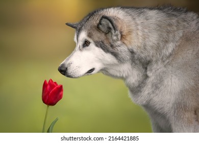 Alaskan Malamute Dog Sniffing Red Flower