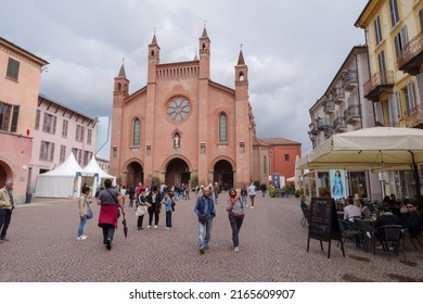Alba, Italy - May 8, 2022: Street view in Alba old town, is a small ancient city in Piedmont region of Italy