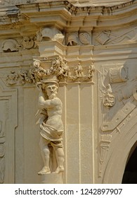 ALBA IULIA, ROMANIA, AUGUST 16, 2018,  Statue Of A Half Naked Man With Waistcloth, Detail Of The Medieval City Gate Of Alba Iulia,16 August 2018