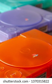 Albacete, Spain, April 15, 2019: Video Game Consoles Play Station 1- Psx- Psone - Blue, Green, Orange Or Gray Colors. - Image