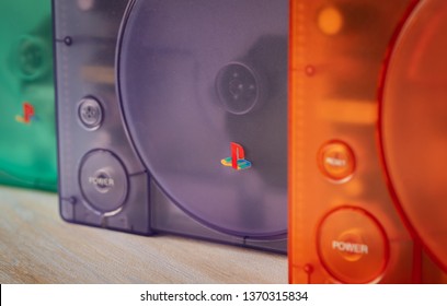 Albacete, Spain, April 15, 2019: Video Game Consoles Play Station 1- Psx- Psone - Blue, Green, Orange Or Gray Colors. - Image