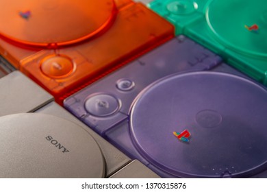 Albacete, Spain, April 15, 2019: Video Game Consoles Play Station 1- Psx- Psone - Blue, Green, Orange Or Gray Colors. - Image