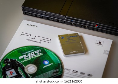 Albacete, Spain; January 20, 2020: Sony Play Station 2 Slim Home Video Game Console. Famous 128-bit PS2 Slim Two Entertainment System.