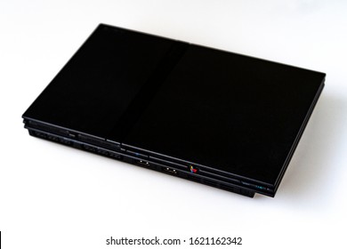 Albacete, Spain; January 20, 2020: Sony Play Station 2 Slim Home Video Game Console. Famous 128-bit PS2 Slim Two Entertainment System.