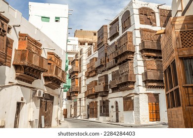 Al-Balad old town with traditional muslim houses with wooden windows and balconies, Jeddah, Saudi Arabia8 - Shutterstock ID 2284284403
