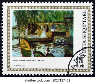 ALBANIA - CIRCA 1991: A Stamp Printed In Albania Shows Boating Party, Painting By Pierre Auguste Renoir, French Painter, Circa 1991