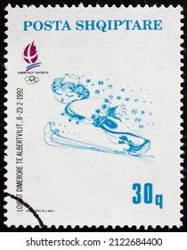 ALBANIA - CIRCA 1992: A Stamp Printed In Albania Shows Ski Jumping, 1992 Winter Olympics, Albertville, Circa 1992