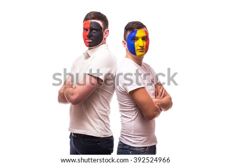 Albania vs Romania. Football fans of national teams before match on white background. European 2016 football fans concept.