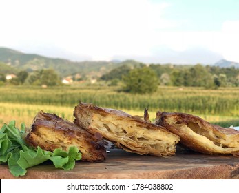 Albanian Traditional Food Home Made Pie.Copy Space,village Background.