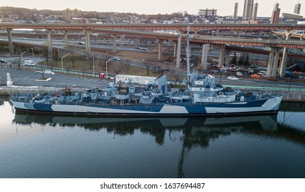 Albany, New York - 31 January 2020: A Close Up Aerial View On The Hudson River Of USS Slater Ship Museum