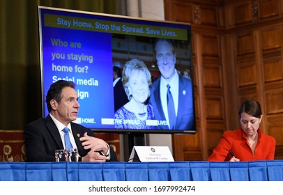 Albany, New York / United States 4/8/2020 New York Gov. Andrew Cuomo announces updates on the spread of the Coronavirus during news conference in the Red Room at the state Capitol.

