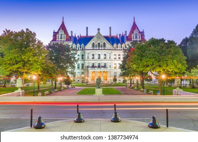 Albany, New York, USA at the New York State Capitol at twilight.