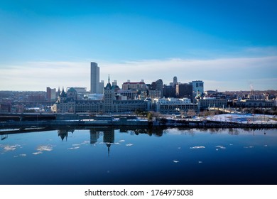 Albany NY Skyline As Seen From Rensselaer NY On A Blue And Beautiful Winter Day. 