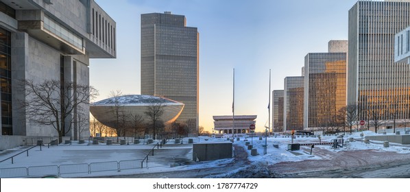 Albany, NY / USA / Feb. 1st, 2019: Empire State Plaza And The Egg Monument Landmark