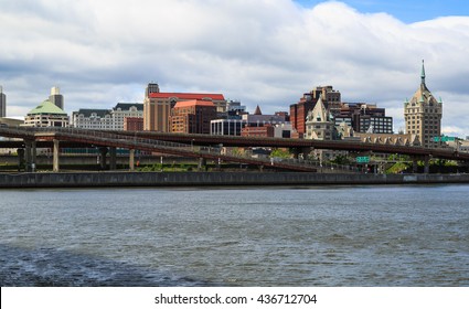 Albany, NY, USA - June 13, 2016  Skyline During Day From Renssalear NY. Looking Over Hudson River. 