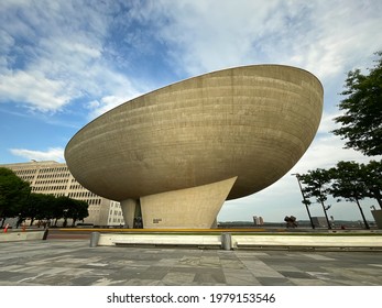 Albany, NY - USA - May 22, 2021: A View Of The Egg, A Performing Arts Venue In Albany, New York. Part Of The Empire State Plaza Project.