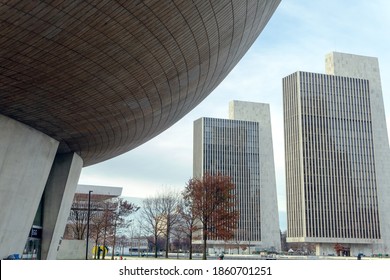 Albany, NY - USA - Nov. 22, 2020: A View Of The Empire State Plaza, With The Egg, Cultural Education Center And The Agency Towers.