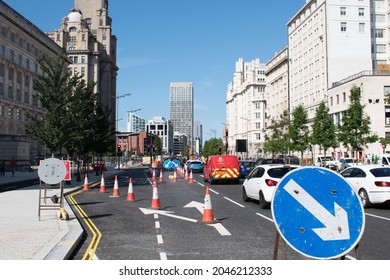 Albert Dock, Liverpool  UK September 16th 2021: Traffic Calming Measures On Strand Street Downtown Liverpool Featuring Large Stay In Lane Sign