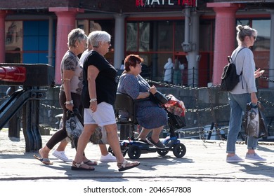 Albert Dock, Liverpool UK September 16th 2021: Group Of Older Women, One In A Wheelchair Visiting Albert Dock, Liverpool