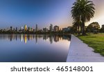 Albert park lake reflections city skyline clear blue sky sunrise Melbourne