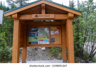 Alberta, Canada - July 13, 2022: Map And Information Kiosk At The Trailhead For Mount Edith Cavell