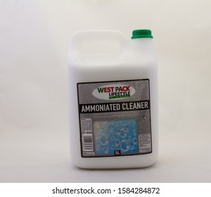 Alberton, South Africa - December 5, 2019: A Large Bottle Of Ammonia Based Liquid Cleaner Supplied By West Pack Lifestyle Isolated On A Clear Background Image In Horizontal Format With Copy Space