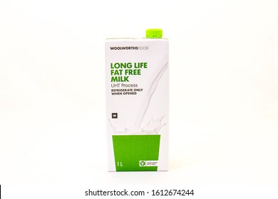 Alberton, South Africa - January 11, 2019: A Box Of Woolworths Food Long Life Fat Free Milk Isolated On A White Background Image In Horizontal Format With Copy Space