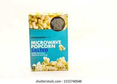 Alberton, South Africa - September 26, 2019: A Packet Of Woolworths Food Microwave Salted Popcorn Isolated On A White Background Image In Horizontal Format With Copy Space