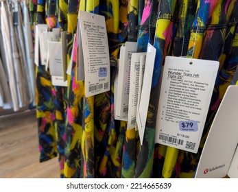 Albertville, Minnesota - October 8, 2022: Display Of Clearance Sale Wunder Under Tights And Pants For Sale At A Lululemon Outlet Store, In Shallow Depth Of Field