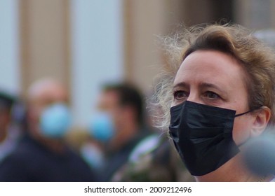 Albi, France - July 14, 2021 - Close-up Portrait Of Stéphanie Guiraud-Chaumeil, Mayor Of Albi And Président Of Thé Urban Community Of The Grand Albigeois, Wearing A Face Mask, On National Day