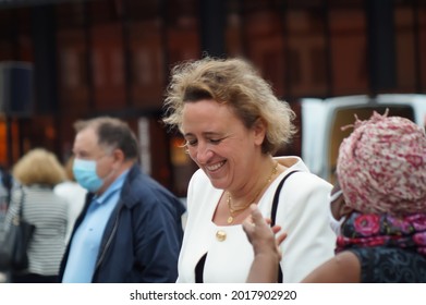 Albi, France - July 14, 2021 - Stéphanie Guiraud-Chaumeil, Mayor Of Albi, Chairman Of The Grand Albigeois Urban Community, Smiling, Talks With A Fellow Citizen At The National Day Celebrations