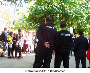 Albi, France - May 4, 2017 - Team Of Private Security Contractors Standing Guard On The Then Center-left Candidate Emmanuel Macron's Last Campaign Meeting Before The Second Round Of The Election