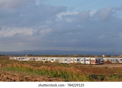 Albinia, Italy - September, 9th, 2017. Evening View Of An Old Trailer Park In Italian Countryside.