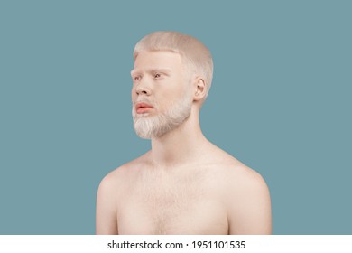 Albinism concept. Thin albino man posing without shirt and lookig aside on turquoise studio background. Young guy with unusual appearance, white hair, beard, eyelashes and pale skin.