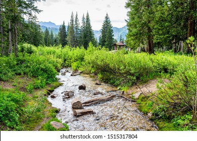 Albion Basin, Utah Summer With Landscape View Of Creek River Water In Wasatch Mountains With Toilet Restroom Building By Parking Lot And Campground