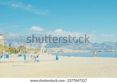 Albir seaside beach, Mediterranean sea and moutain view. Albir is small resort between Altea and Benidorm, L'Alfas del Pi municipality, Alicante province, Spain