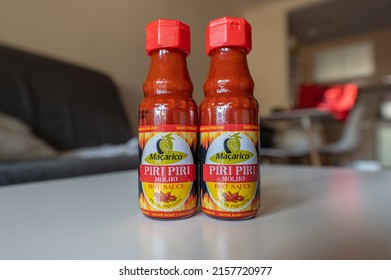 Albufeira, Algarve, Portugal - 6 May 2022 . Close Up One A Bottles Of Piri-piri Sauce. This Hot Sauce Is Traditional For Portuguese Cuisine.