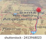 Albuquerque, New Mexico marked by a red map tack. The City of Albuquerque is located in Bernalillo County, NM.