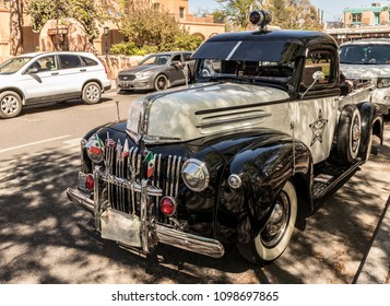 Albuquerque, New Mexico, USA - April 14, 2018: Vintage Ford Police Pick-up Truck With Viejitos Car Club Decal In Historic Old Town Albuquerque, New Mexico.