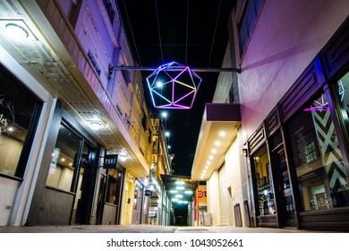 ALBURY, NEW SOUTH WALES, AUSTRALIA. - On March 7, 2018. -
 Brightly-coloured Purple Star Lights Alleyway Paths Decoration At Albury CBD.