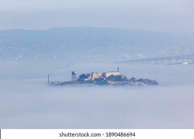 Alcatraz Island, San Francisco, CA Are Shown In The Fog