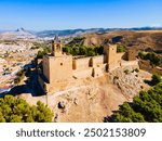 Alcazaba of Antequera aerial panoramic view. The Alcazaba of Antequera is a Moorish fortress in Antequera city in the province of Malaga, the community of Andalusia in Spain.