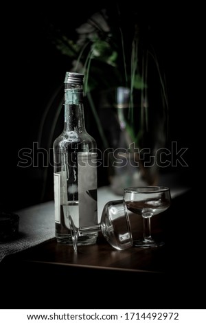 The alcohol bottle and two waterglass.