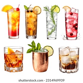 Alcohol Cocktail Mocktail. Many assorted different range types isolated on white background cutout. 