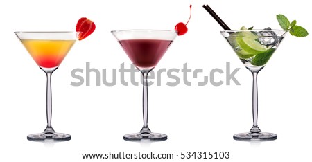 alcohol cocktail set on a white with fresh summer fruits