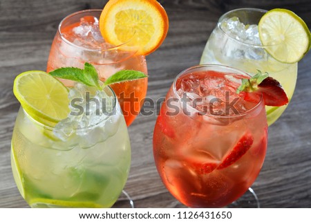 Alcohol cocktails set, summer fresh drinks closeup
