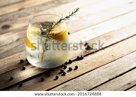 Alcohol drink (gin tonic cocktail) with lemon, juniper branch,  and ice on rustic wooden table, copy space. 