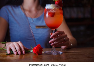 Alcohol Drink With Strawberry On Bar. Cocktail