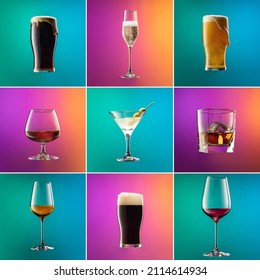 Alcohol Drinks Card. Set Of Glasses With Different Alcoholic Drinks And Cocktails On Gradient Pink-blue Background In Neon Light. Martini, Red Wine, Champagne, Cognac, Whiskey, Light And Dark Beer.